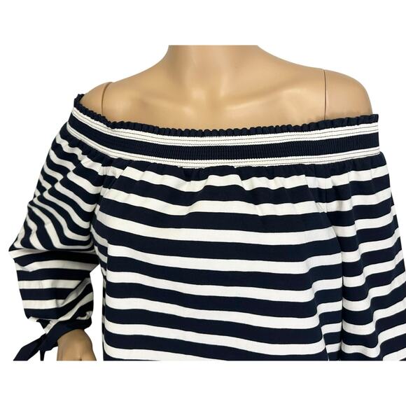 J. Crew Striped Off The Shoulder Top Navy Blue White Bow Sleeve G2549 Size L - Picture 8 of 13